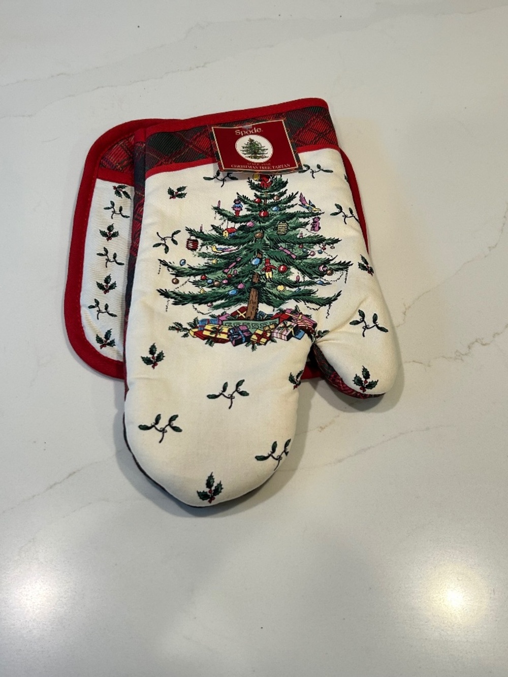 New Spode Christmas Tree Tartan Plaid Oven Mitt & Pot Holder Set